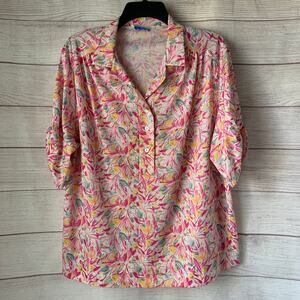 Vintage Aimee Pastel Floral Blouse Partial Button Short Sleeve with Bow Cuff